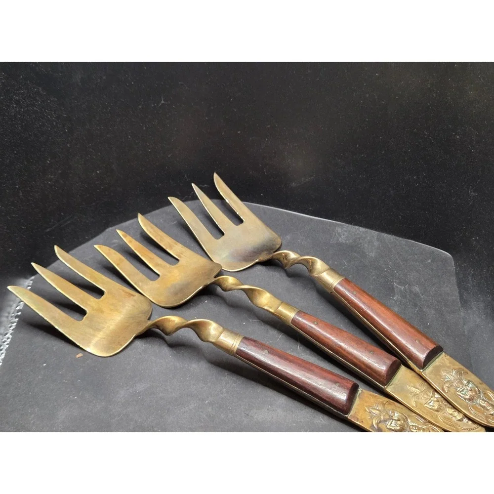 Vintage Thai Bronze Rosewood Serving Set 7pc Gold Goddess Buddha Mid Century
